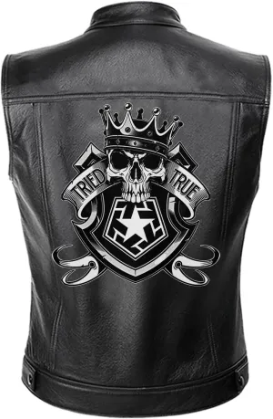 Royal Skull with Crown and Shield Emblem for Motorcycle Riders, Personalized Mens PU Leather Vest Coat Custom Jacket