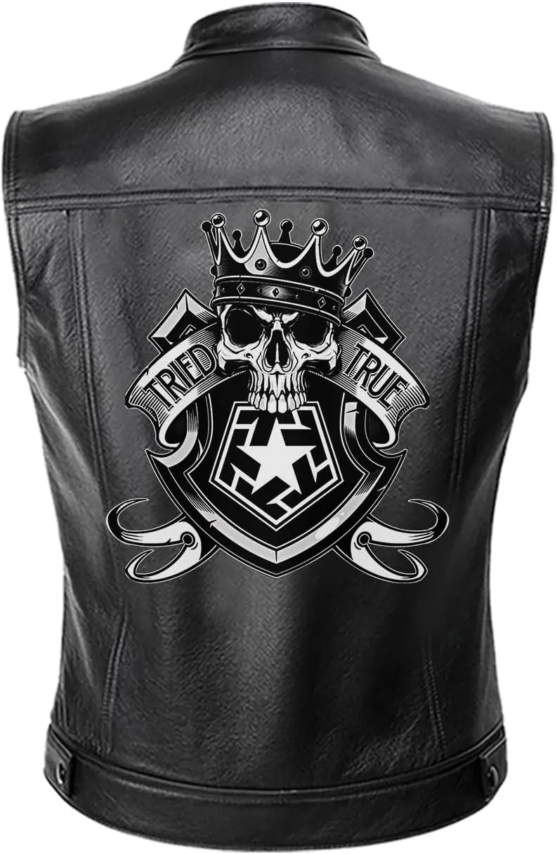 Royal Skull with Crown and Shield Emblem for Motorcycle Riders, Personalized Mens PU Leather Vest Coat Custom Jacket
