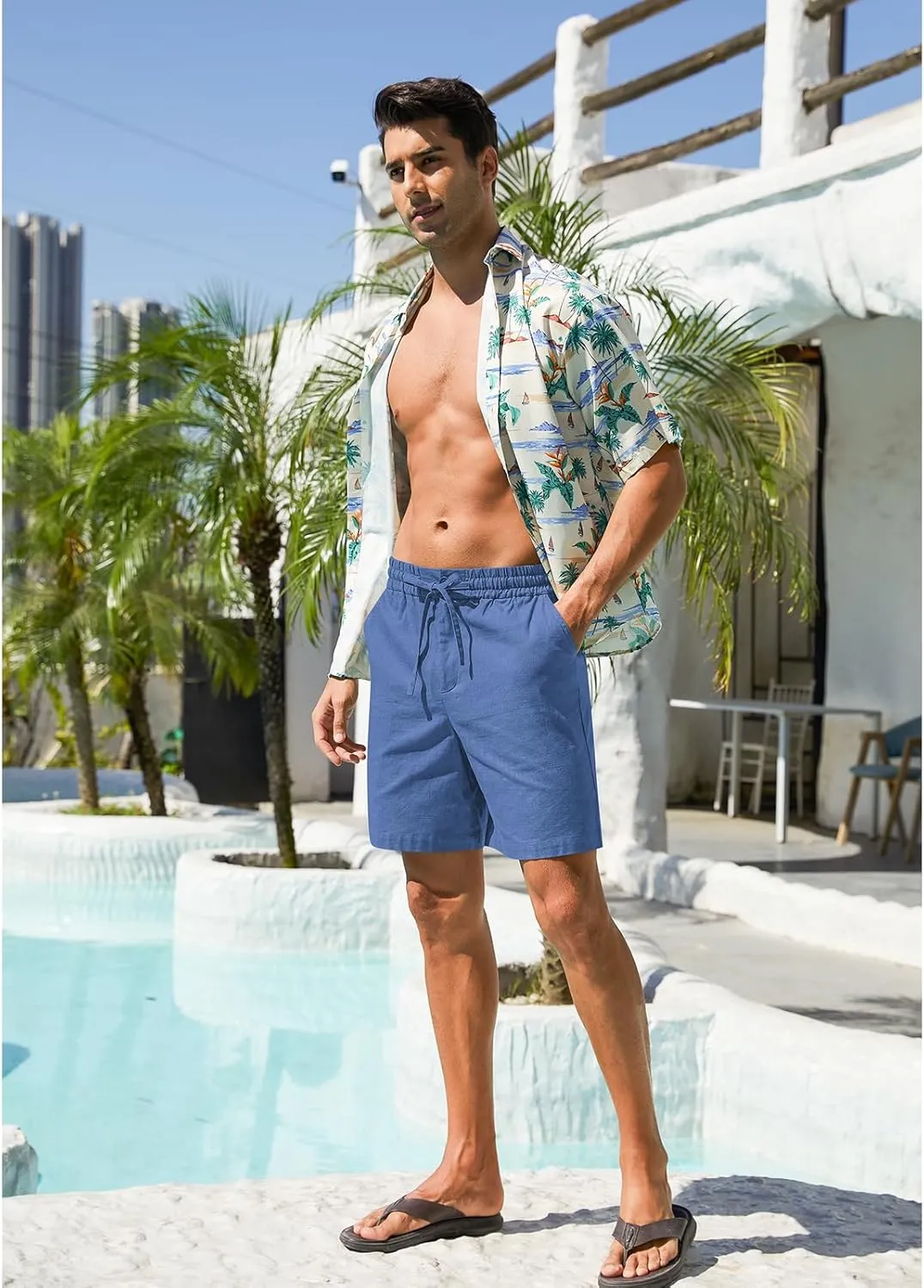 RQP Mens Cotton Linen Shorts Casual Drawstring 7inch Inseam Shorts Stretch Summer Beach Wear