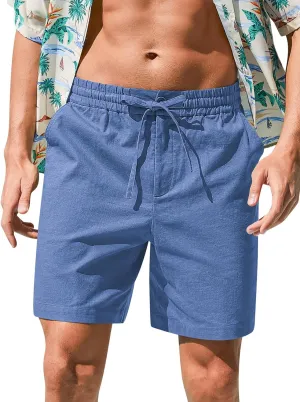 RQP Mens Cotton Linen Shorts Casual Drawstring 7inch Inseam Shorts Stretch Summer Beach Wear