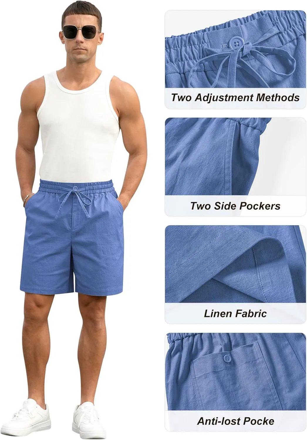 RQP Mens Cotton Linen Shorts Casual Drawstring 7inch Inseam Shorts Stretch Summer Beach Wear