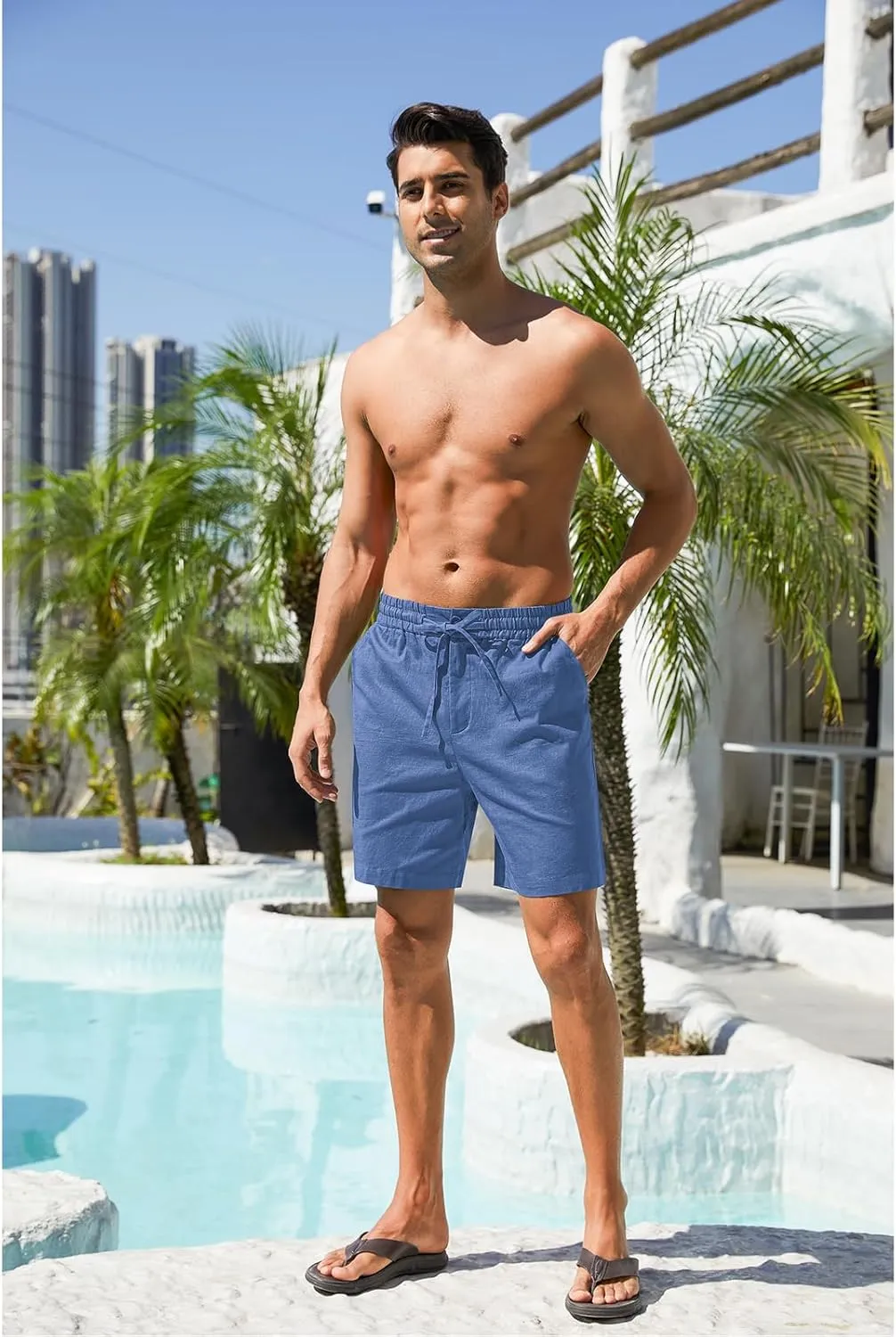 RQP Mens Cotton Linen Shorts Casual Drawstring 7inch Inseam Shorts Stretch Summer Beach Wear