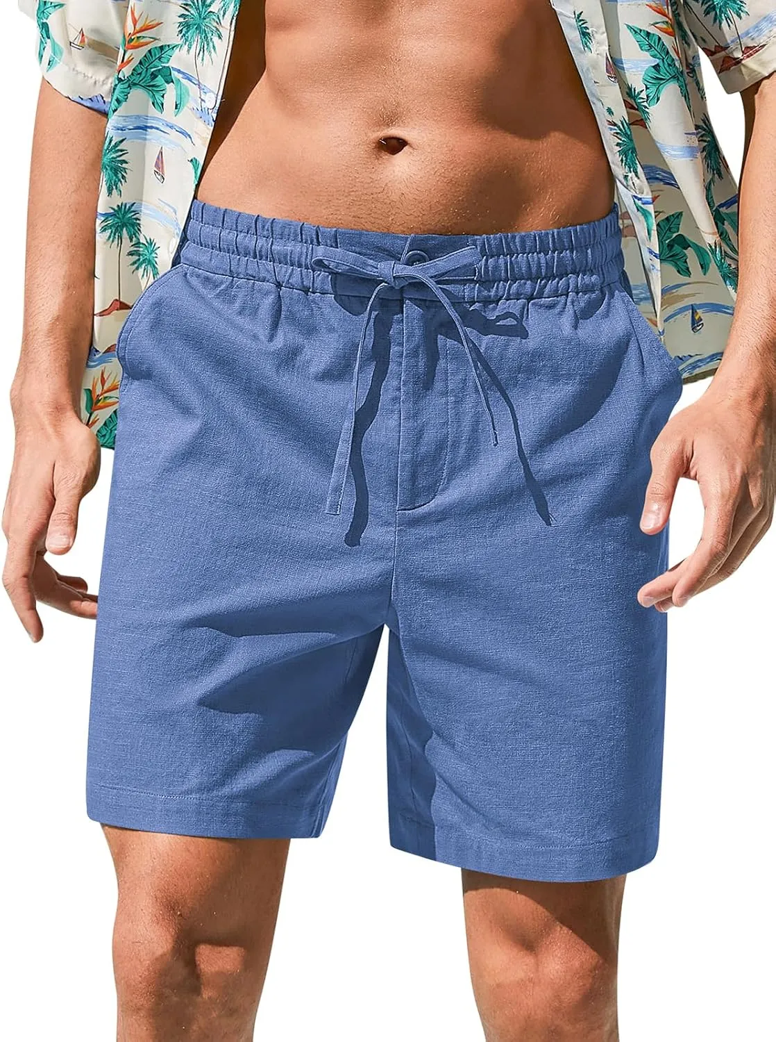 RQP Mens Cotton Linen Shorts Casual Drawstring 7inch Inseam Shorts Stretch Summer Beach Wear