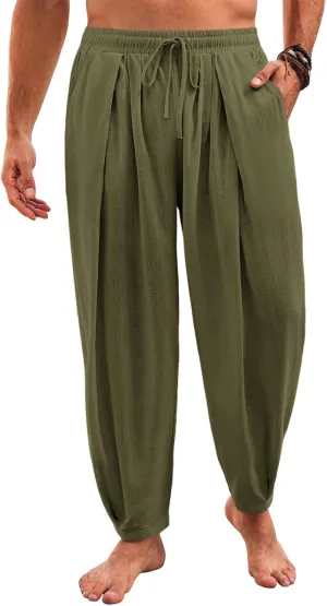 Runcati Mens Casual Harem Pants Drawstring Elastic Waist Cotton Cropped Trousers Yoga Beach Lightweight Pants