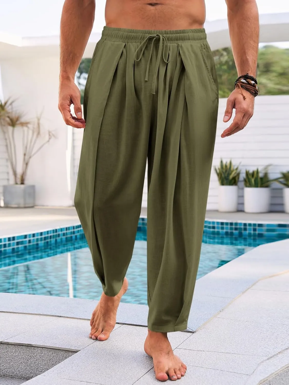 Runcati Mens Casual Harem Pants Drawstring Elastic Waist Cotton Cropped Trousers Yoga Beach Lightweight Pants