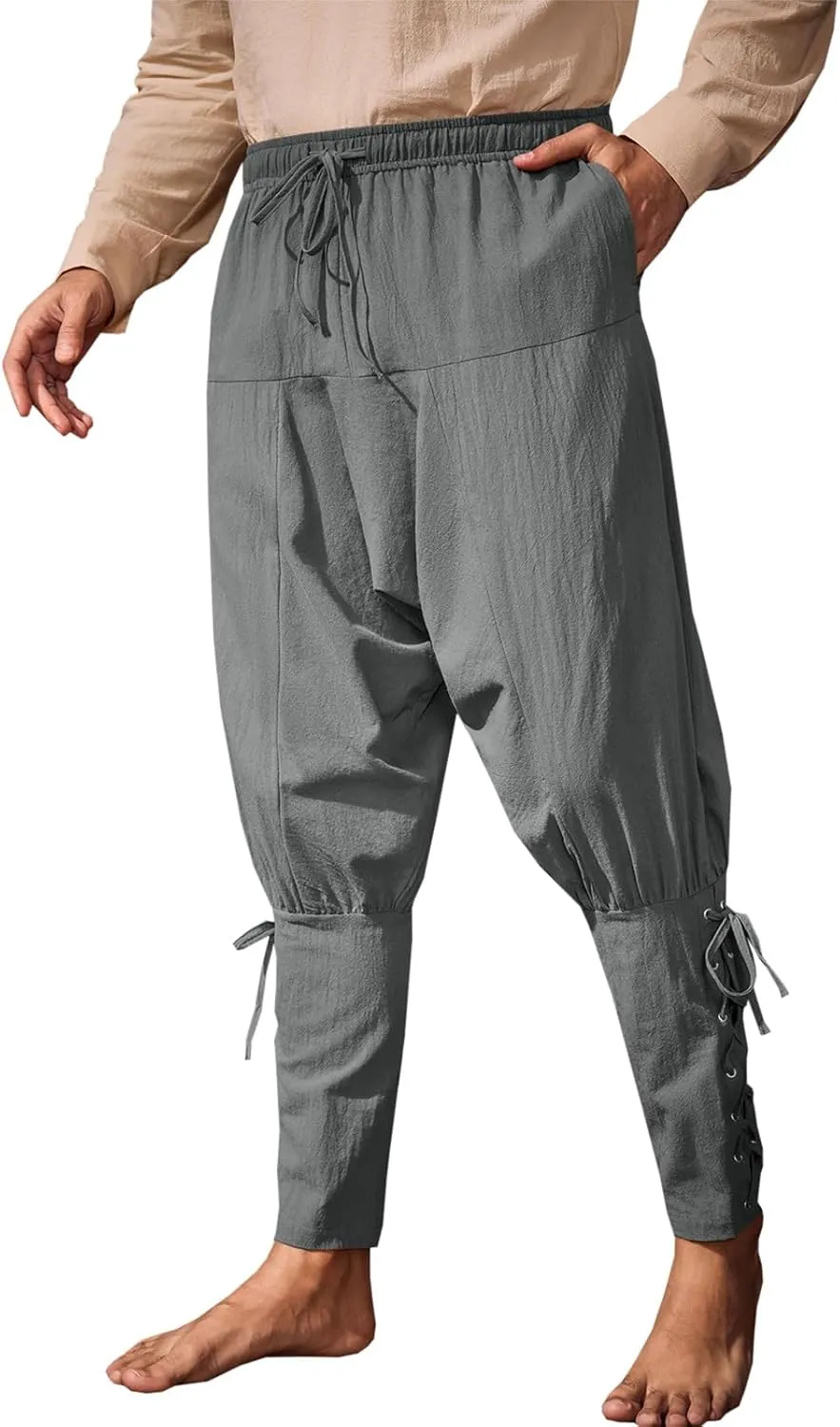 Runcati Mens Medieval Ankle Banded Pants Renaissance Viking Pirate Navigator Pants Lace Up Cotton Halloween Trousers