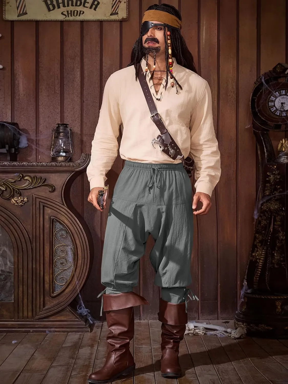 Runcati Mens Medieval Ankle Banded Pants Renaissance Viking Pirate Navigator Pants Lace Up Cotton Halloween Trousers