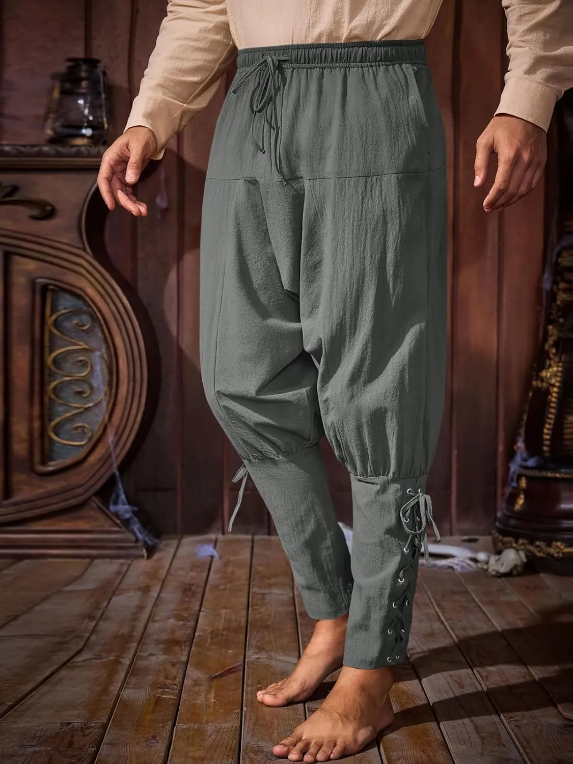 Runcati Mens Medieval Ankle Banded Pants Renaissance Viking Pirate Navigator Pants Lace Up Cotton Halloween Trousers