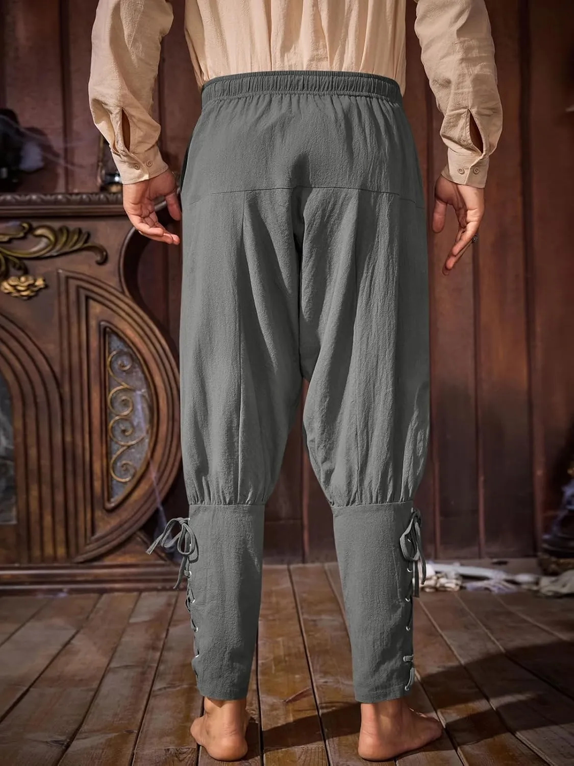 Runcati Mens Medieval Ankle Banded Pants Renaissance Viking Pirate Navigator Pants Lace Up Cotton Halloween Trousers