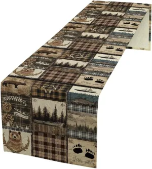 Rustic Country Bear Table Runner,Vintage Wild Animals Bear Deer Forest Mountain Fish Table Cloth for Home Kitchen Dining Table Decoration Party 13x90 in