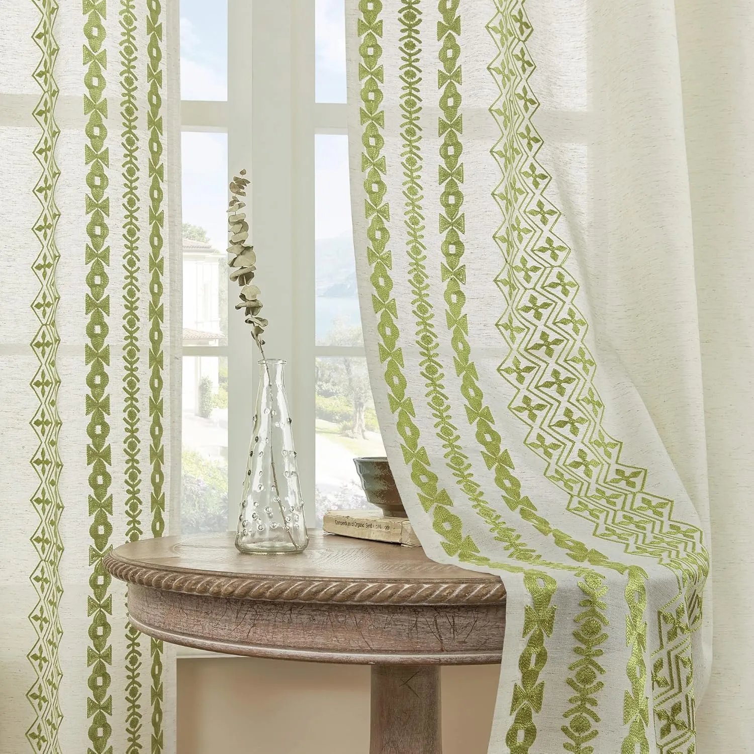 Rustic Curtains 84 Inch Length 2 Panels set Bohemian Curtains for Bedroom Living Room Grommet Semi Sheer Flax Linen Drapes for Dining Room Balcony Office Farmhouse Decor, 52x84 Inches Long, Sage Green