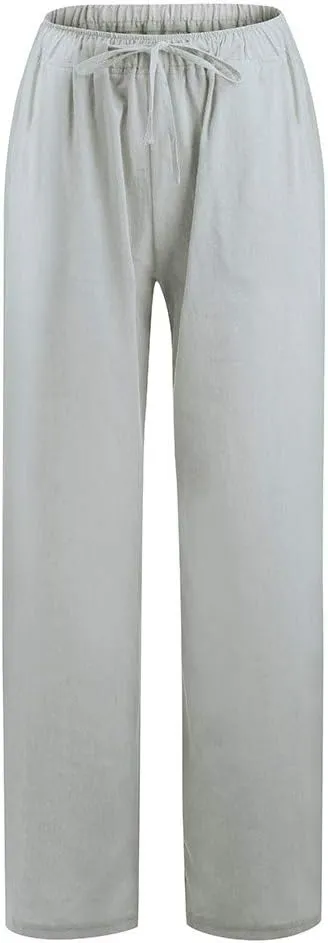 Ruziyoog Women's Cotton Linen Pants Summer Drawstring Waist Wide Leg Lounge Palazzo Pants Casual Loose Yoga Trousers