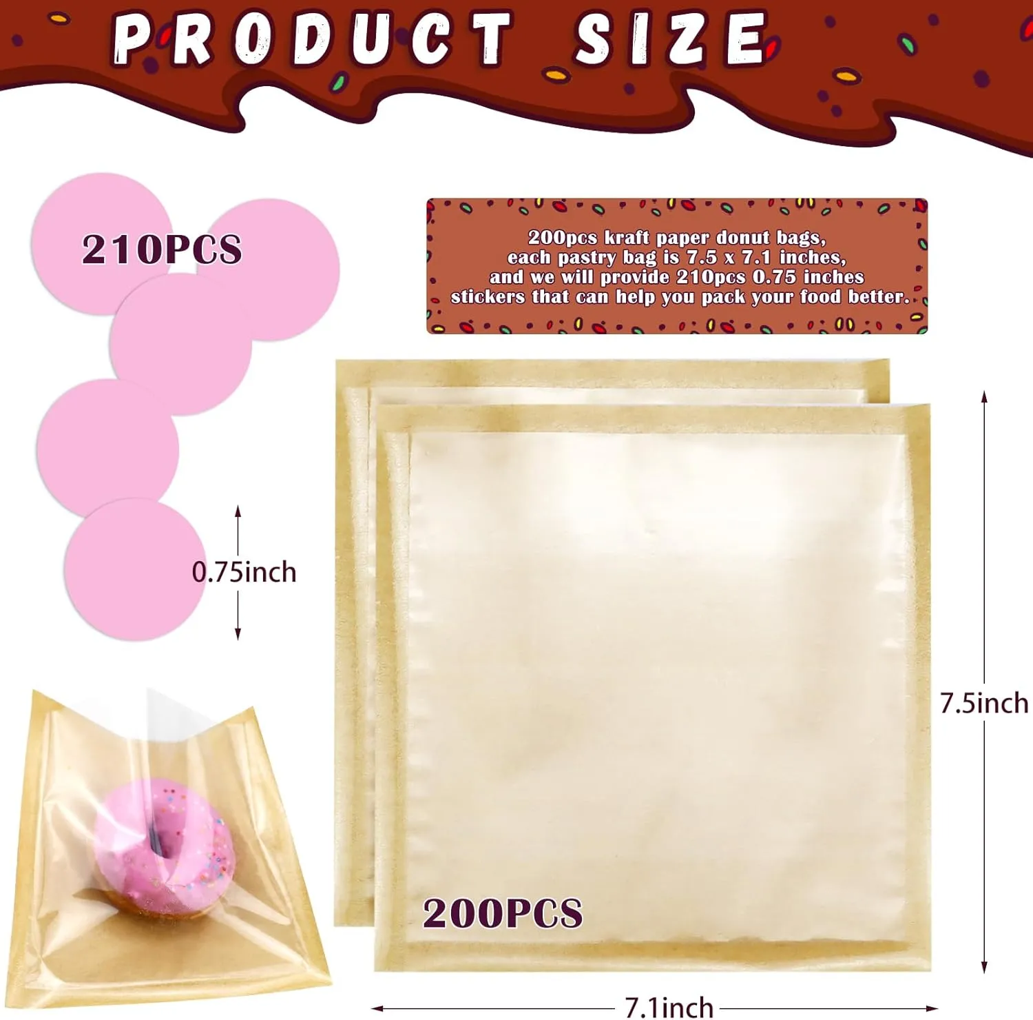 RYKOMO 200PCS Heat-Sealable Bakery Bags with Window for Cookies Packaging, 7.5 x 7.1 Inches Kraft Paper Donut Bags To Go with 210 PCS Stickers Grease-Resistant Visible Sandwich Bags Treat bags (Brown)