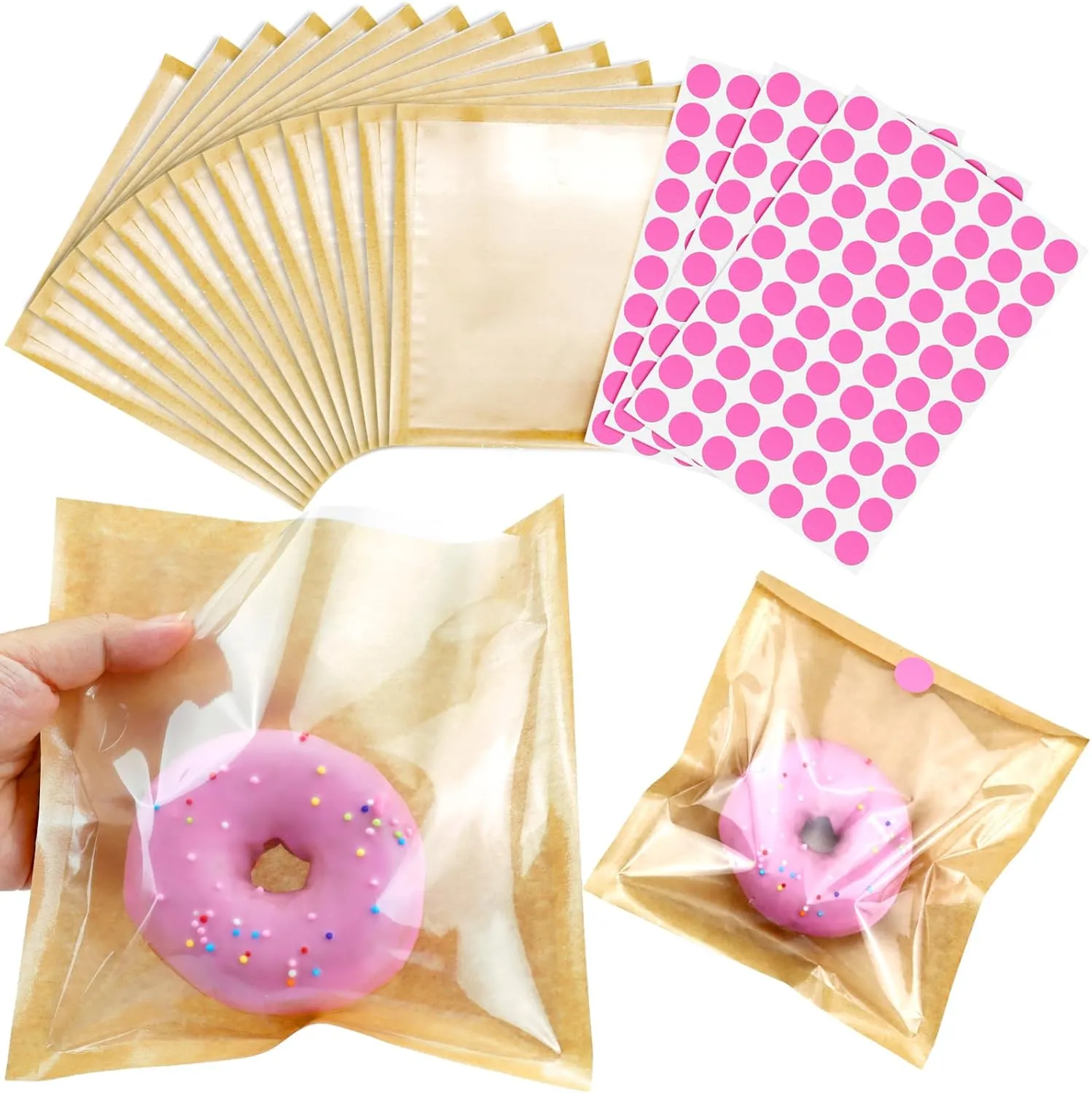 RYKOMO 200PCS Heat-Sealable Bakery Bags with Window for Cookies Packaging, 7.5 x 7.1 Inches Kraft Paper Donut Bags To Go with 210 PCS Stickers Grease-Resistant Visible Sandwich Bags Treat bags (Brown)
