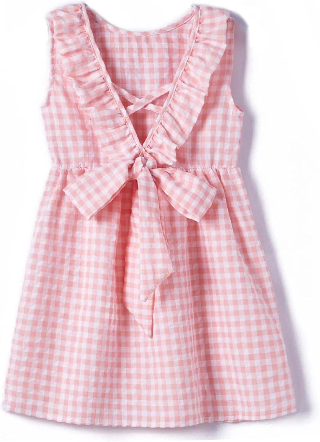 Rysly Toddler Baby Girls Cotton Linen Plaid Dress with Ruffle Back Straps and Bow Kids Casual Dress