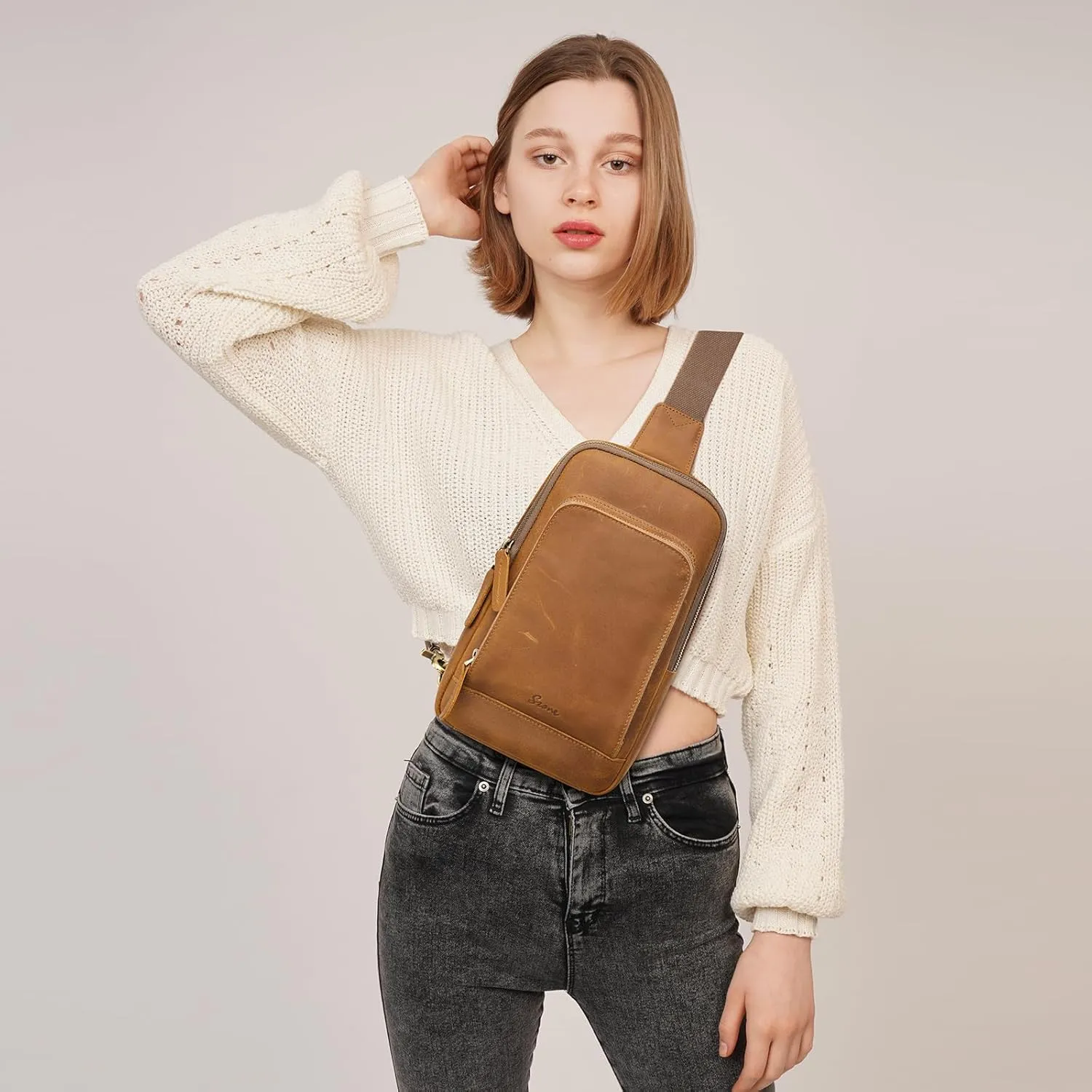 S-ZONE Sling Bag for Men Women RFID Blocking Top Grain Leather Crossbody Shoulder Bag Chest Hiking Daypack Travel