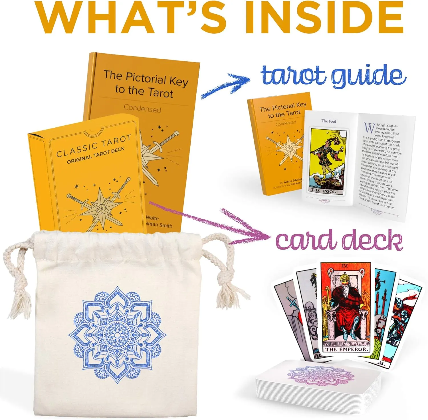 Sagesight Classic Tarot Cards Deck with Guidebook & Premium Linen Carry Bag - Original Pamela Colman Smith Artwork - Tarot Cards for Beginners and Experts (Light)