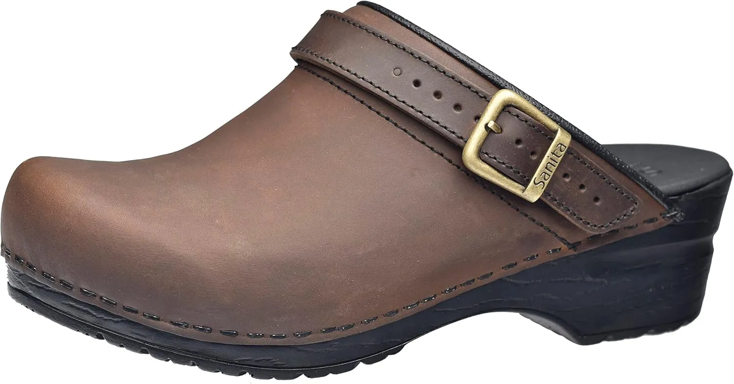 Sanita Morse Open Clog, Oiled Leather, Original Handmade, Flexible Leather Clogs for Women, Anatomically Shaped Foot Bed with Soft Foam, Adjustable Heel Strap, Dark Brown, 8 Women