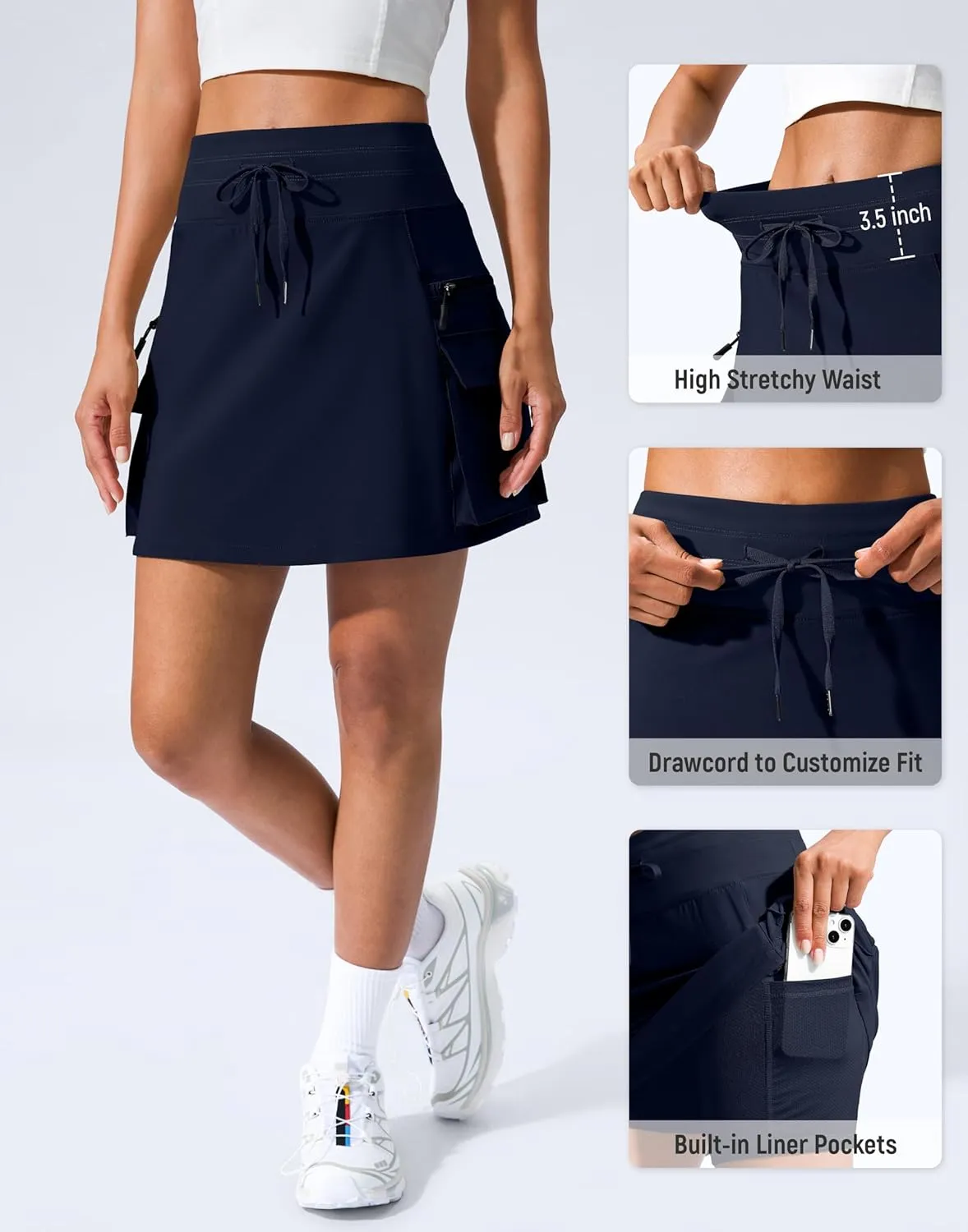 SANTINY 16" Cargo Skort with 6 Pockets Drawstring High Waisted Golf Travel Hiking Skorts for Women Dressy Casual Summer