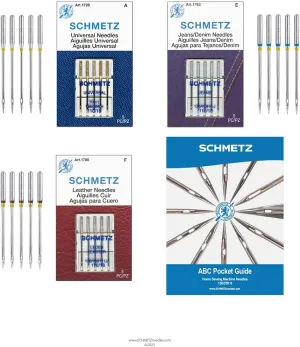 SCHMETZ Heavy Duty Sewing Machine Needle Combo Pack (15 Needles Total and 1 SCHMETZ ABC Pocket Guide)