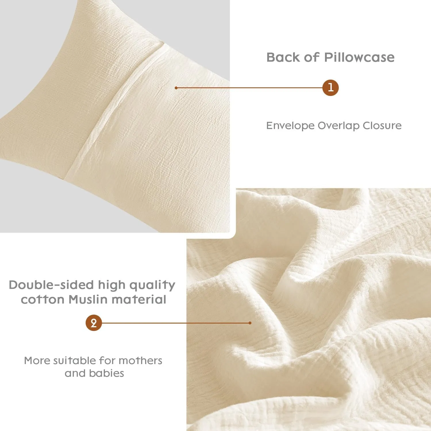 SE SOFTEXLY Muslin Pillowcases Standard Size 100% Cotton, 2 Pack Linen Like Pillow Shams with Envelope Closure, Ultral Soft and Breathable Pillow Case Covers, Off-White, 20" X 26", No Filling