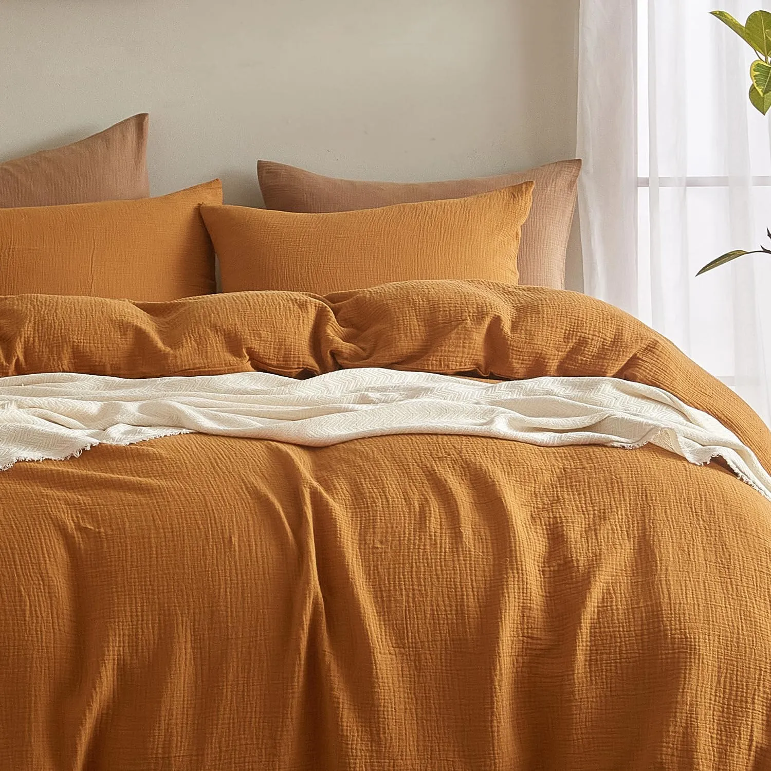 SE SOFTEXLY Muslin Pillowcases Standard Size 100% Cotton, 2 Pack Linen Like Pillow Shams with Envelope Closure, Ultral Soft and Breathable Pillow Case Covers, Pumpkin, 20" X 26", No Filling