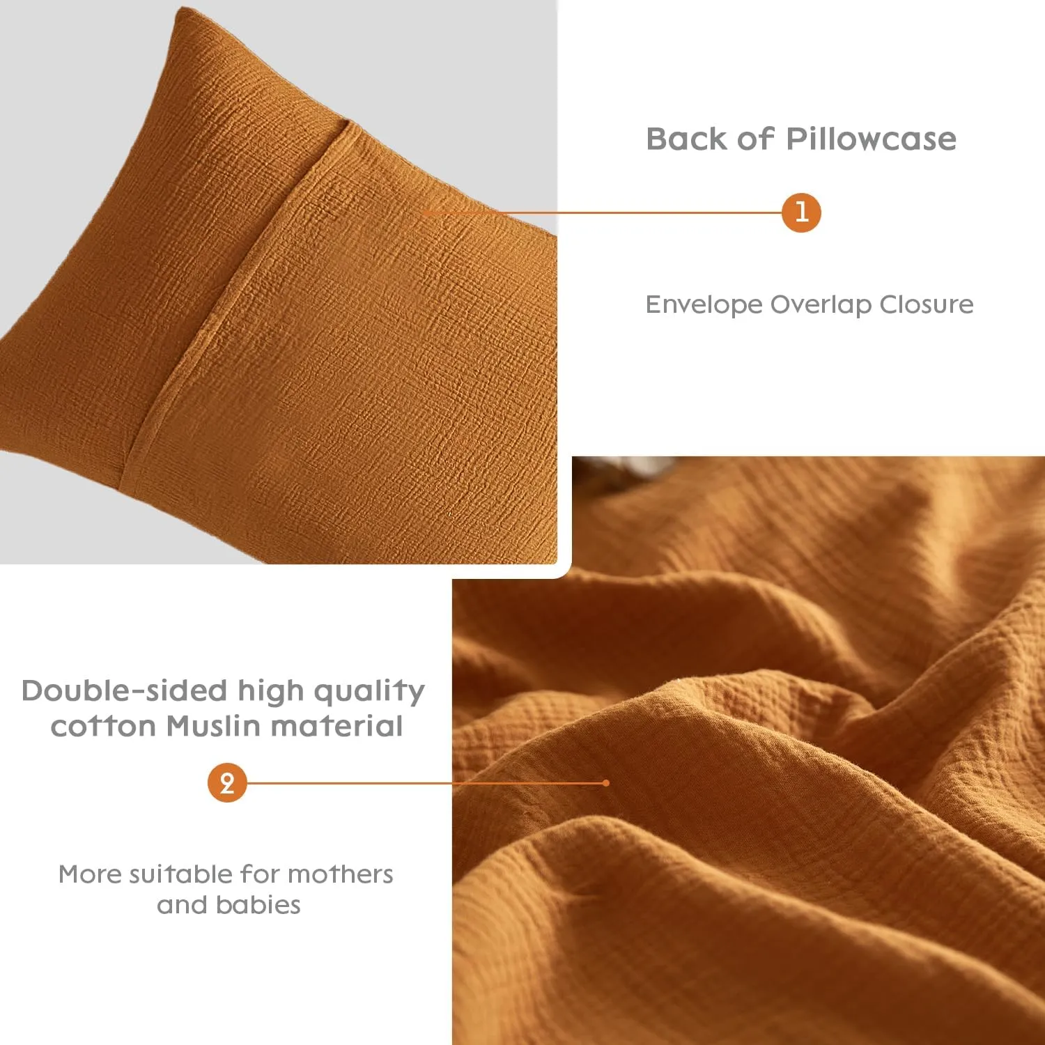 SE SOFTEXLY Muslin Pillowcases Standard Size 100% Cotton, 2 Pack Linen Like Pillow Shams with Envelope Closure, Ultral Soft and Breathable Pillow Case Covers, Pumpkin, 20" X 26", No Filling