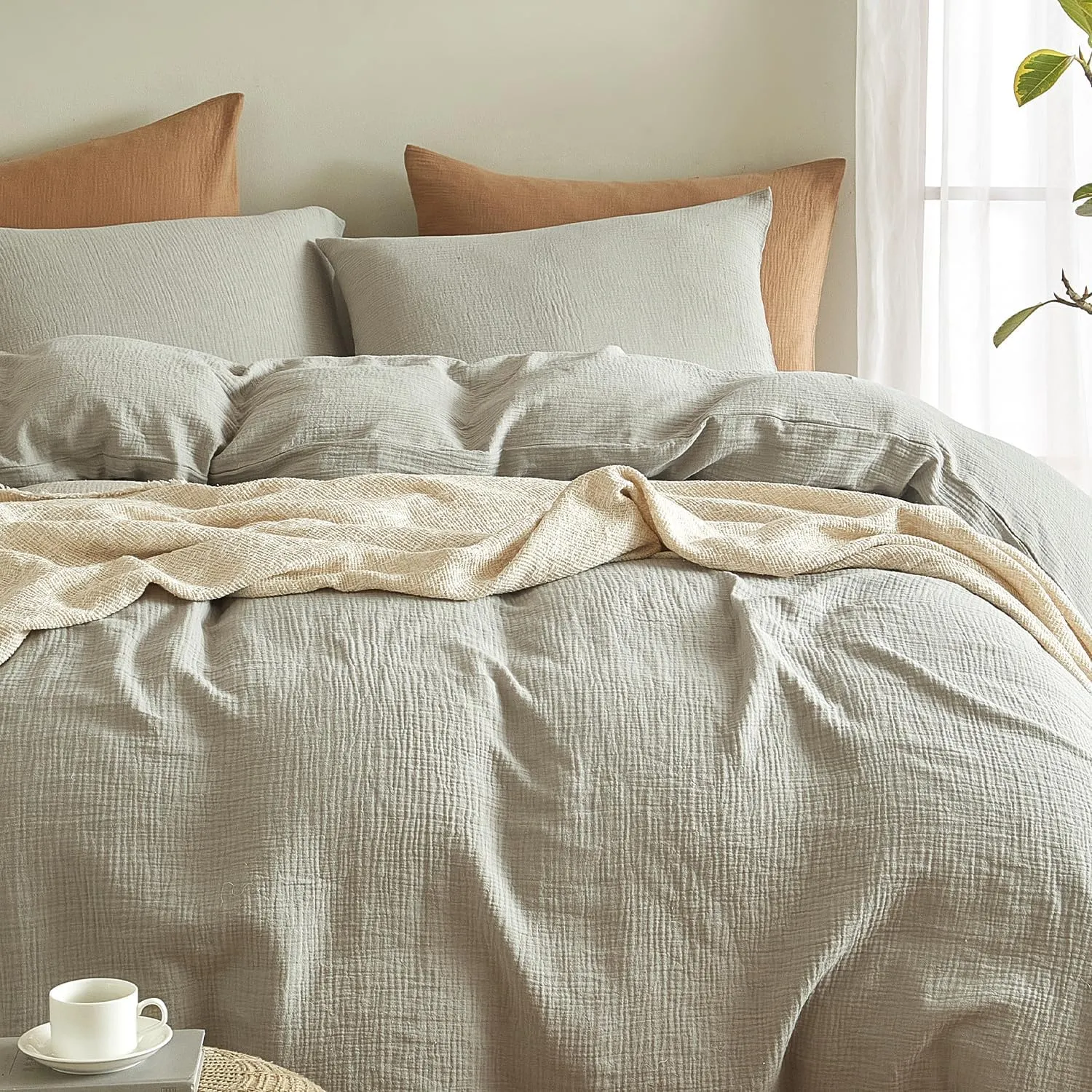 SE SOFTEXLY Muslin Pillowcases Standard Size 100% Cotton, 2 Pack Linen Like Pillow Shams with Envelope Closure, Ultral Soft and Breathable Pillow Case Covers, Smoky-Green, 20" X 26", No Filling