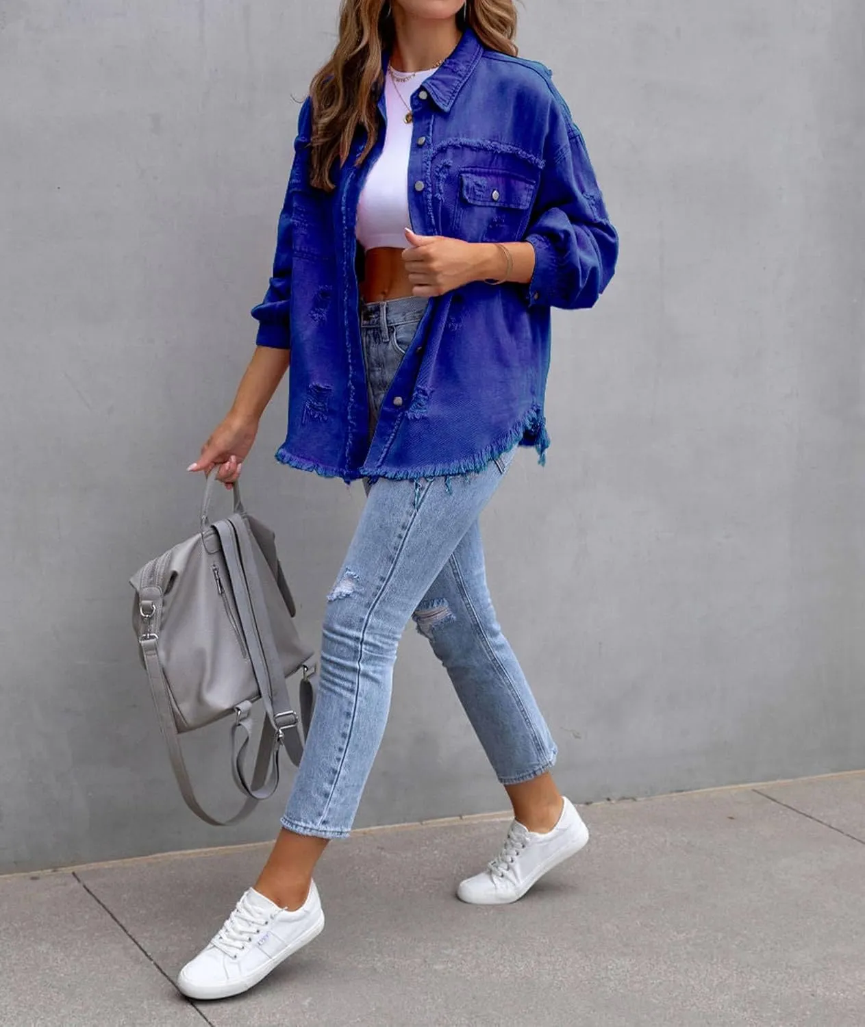 SEMATOMALA Women's Frayed Hem Ripped Denim Shirt Jacket Button Front Boyfriend Jean Coat Oversized Distressed Fall Shacket