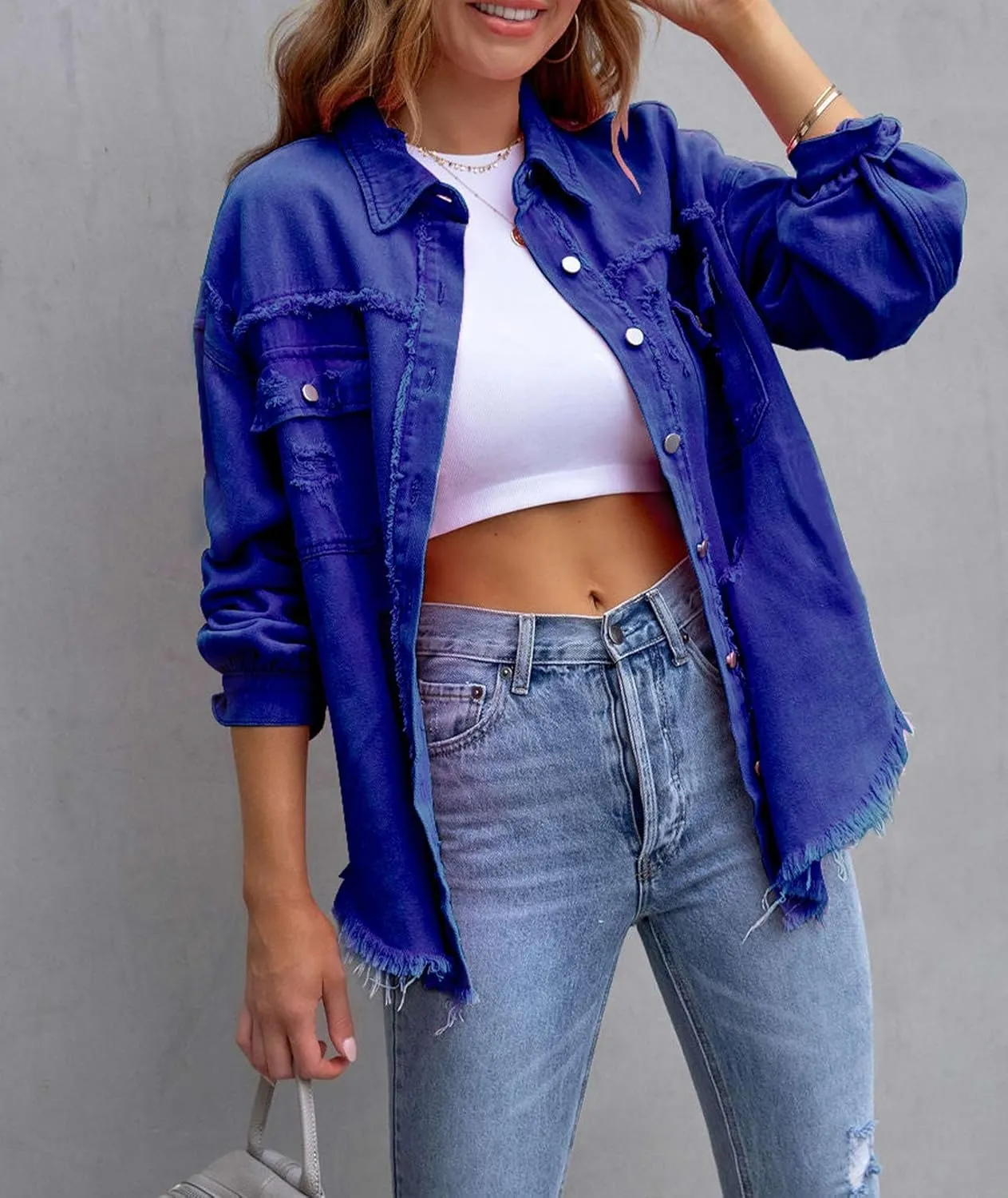 SEMATOMALA Women's Frayed Hem Ripped Denim Shirt Jacket Button Front Boyfriend Jean Coat Oversized Distressed Fall Shacket