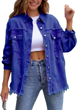SEMATOMALA Women's Frayed Hem Ripped Denim Shirt Jacket Button Front Boyfriend Jean Coat Oversized Distressed Fall Shacket