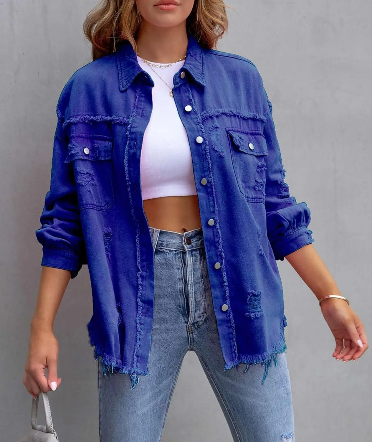SEMATOMALA Women's Frayed Hem Ripped Denim Shirt Jacket Button Front Boyfriend Jean Coat Oversized Distressed Fall Shacket