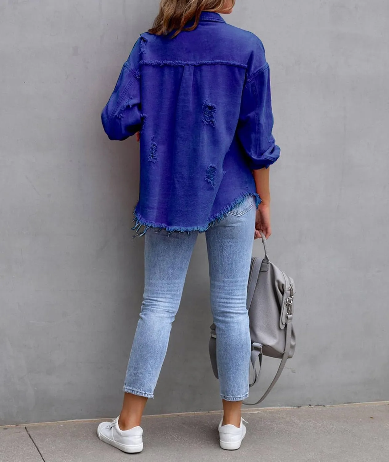 SEMATOMALA Women's Frayed Hem Ripped Denim Shirt Jacket Button Front Boyfriend Jean Coat Oversized Distressed Fall Shacket