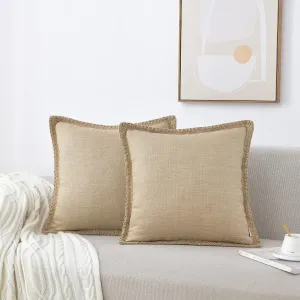 Set of 2 Farmhouse Throw Pillow Covers - Burlap Linen Trimmed Tailored Edges Decorative Cushion Covers for Bed Home Outdoor Decoration (2 Pieces, 22" x22", Beige Brown/Linen Band)