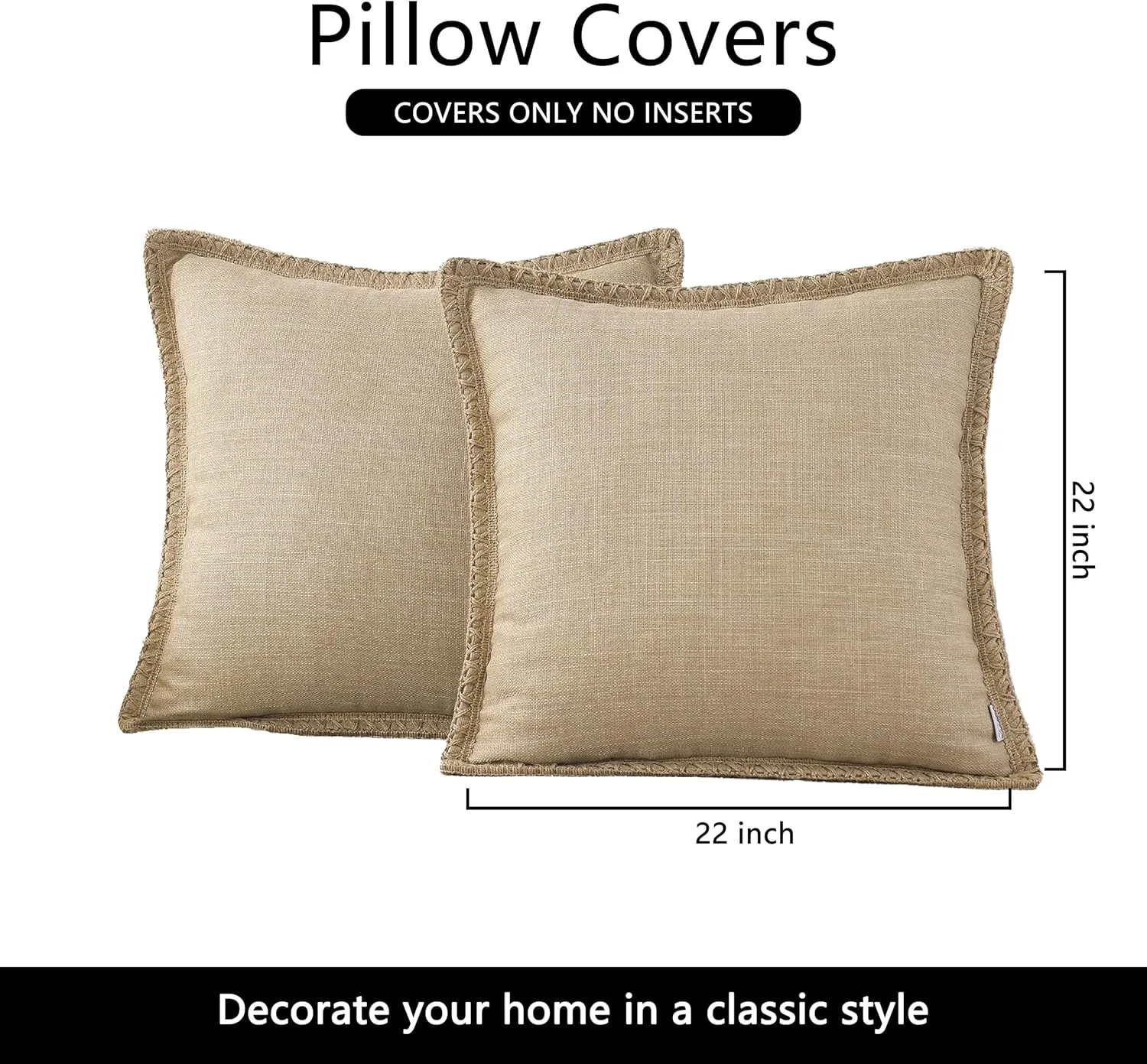 Set of 2 Farmhouse Throw Pillow Covers - Burlap Linen Trimmed Tailored Edges Decorative Cushion Covers for Bed Home Outdoor Decoration (2 Pieces, 22" x22", Beige Brown/Linen Band)