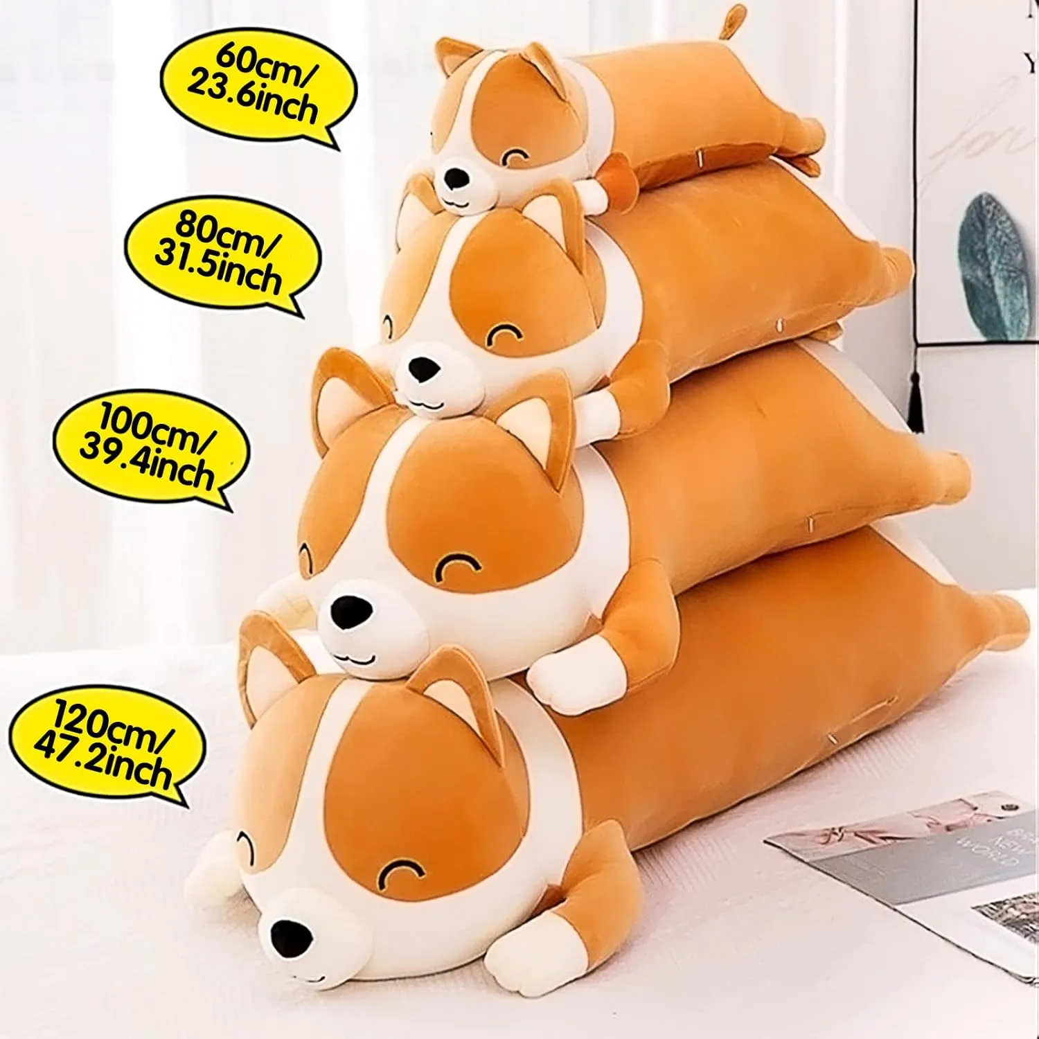Shiba Inu Plush - Long Soft Dog Pillow, Cute Corgi Akita Plush Toy, Yellow (80cm/31.5inch)