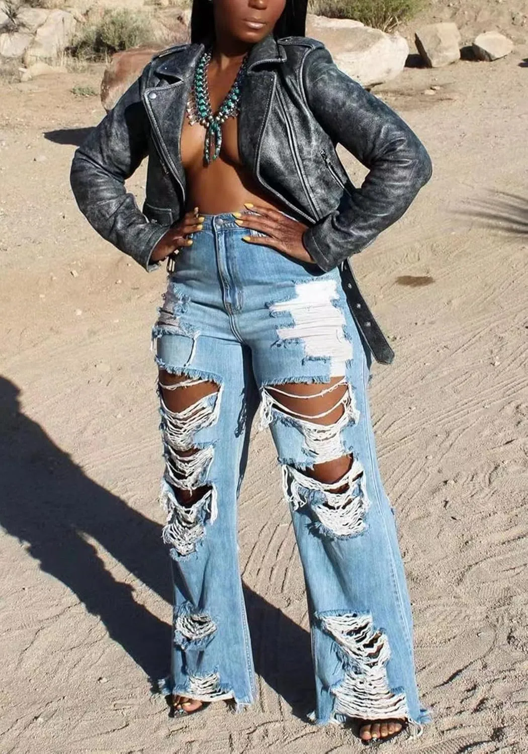 SHINFY Women's Ripped Jeans Distressed Cutout High Waisted Baggy Straight Wide Leg Y2K Denim Pants