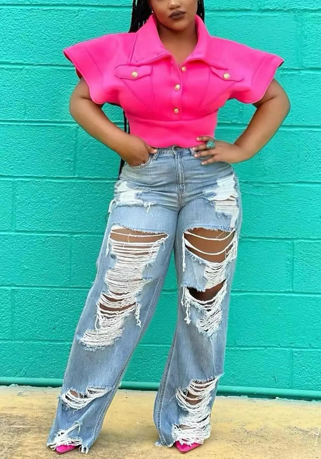 SHINFY Women's Ripped Jeans Distressed Cutout High Waisted Baggy Straight Wide Leg Y2K Denim Pants