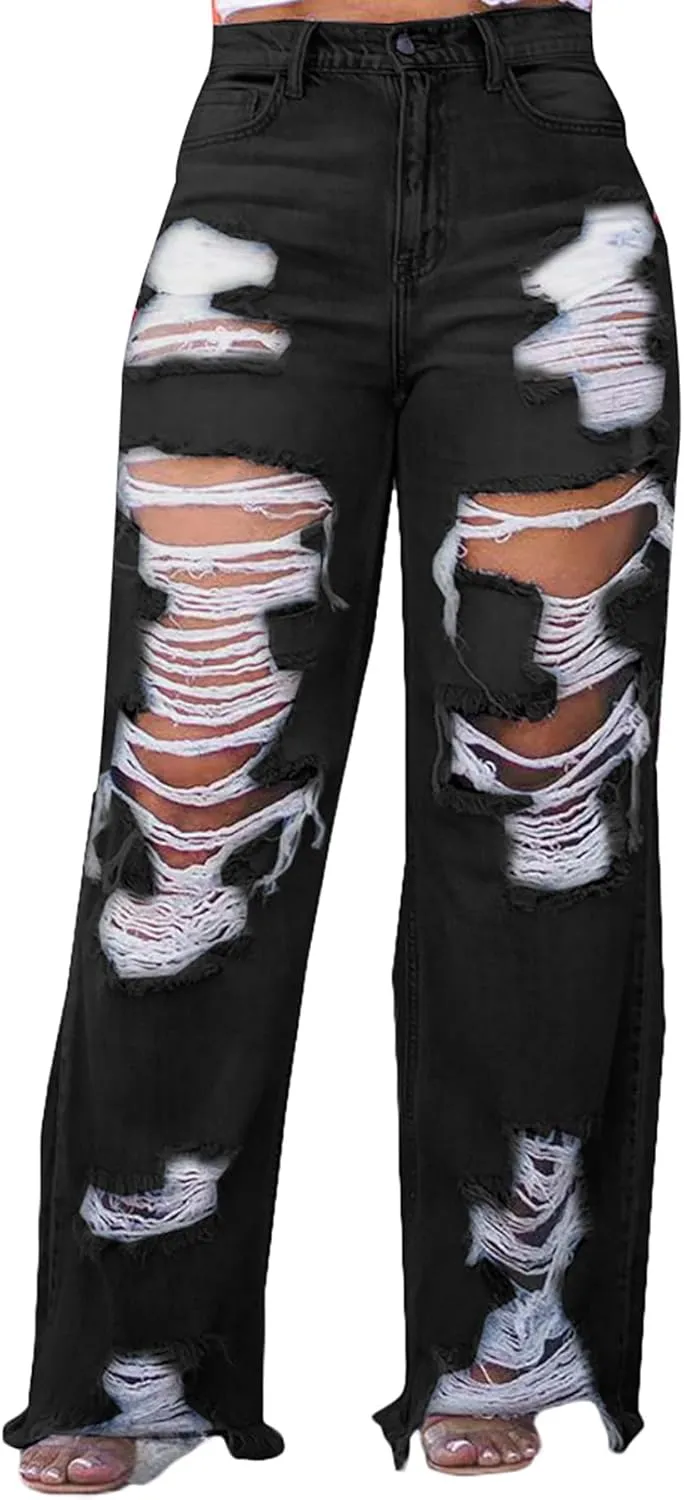 SHINFY Women's Ripped Jeans Distressed Cutout High Waisted Baggy Straight Wide Leg Y2K Denim Pants