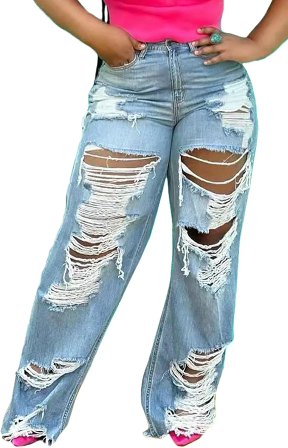 SHINFY Women's Ripped Jeans Distressed Cutout High Waisted Baggy Straight Wide Leg Y2K Denim Pants