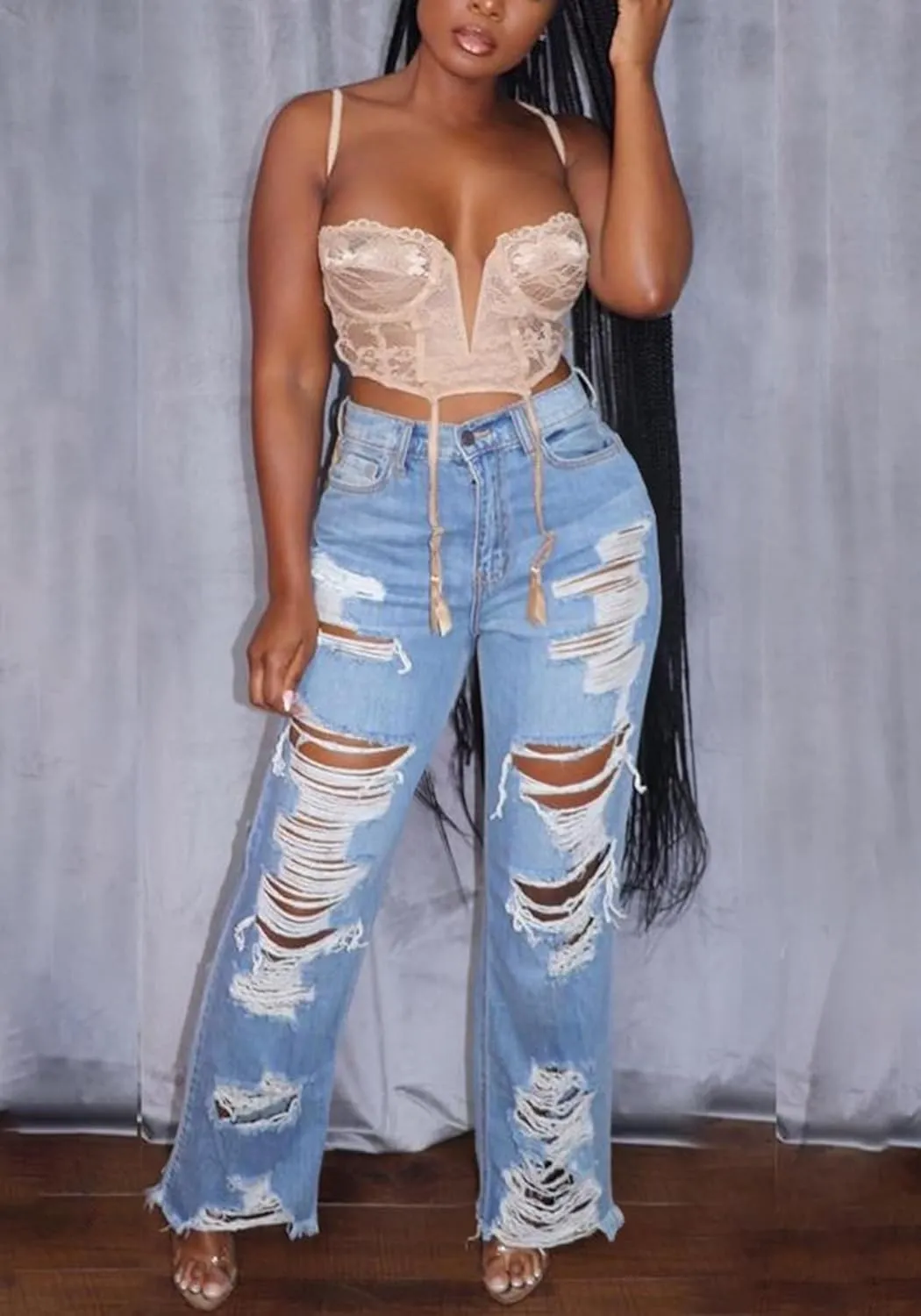 SHINFY Women's Ripped Jeans Distressed Cutout High Waisted Baggy Straight Wide Leg Y2K Denim Pants
