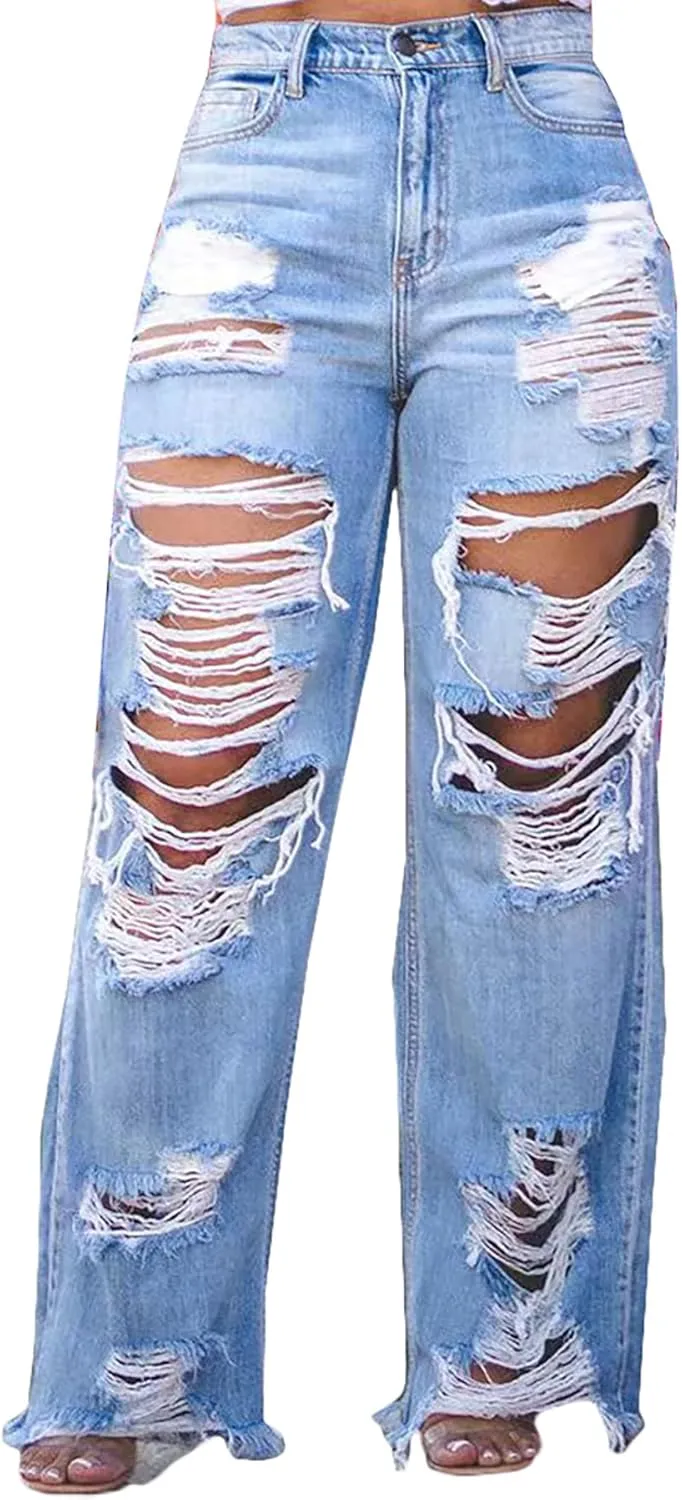 SHINFY Women's Ripped Jeans Distressed Cutout High Waisted Baggy Straight Wide Leg Y2K Denim Pants