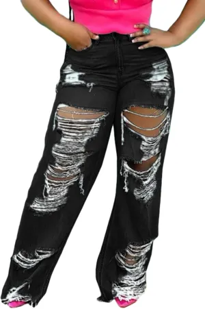 SHINFY Women's Ripped Jeans Distressed Cutout High Waisted Baggy Straight Wide Leg Y2K Denim Pants