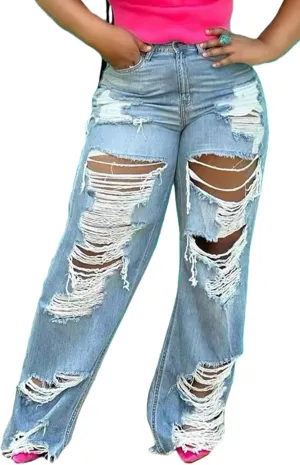 SHINFY Women's Ripped Jeans Distressed Cutout High Waisted Baggy Straight Wide Leg Y2K Denim Pants