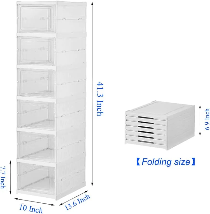 Shoe Rack Shoe Storage Box Bins Clear Collapsible Plastic Installation-Free Size up to 14, Stackable Foldable Tote with Lids Organizing Dustproof 6-Tiers
