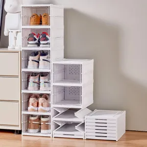 Shoe Rack Shoe Storage Box Bins Clear Collapsible Plastic Installation-Free Size up to 14, Stackable Foldable Tote with Lids Organizing Dustproof 6-Tiers