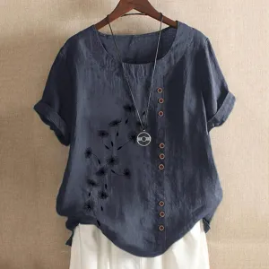Short Sleeve Casual Shirts for Women Flower Print Button Crew Neck Cotton Linen Top 2023 Fashion Office Work Blouse