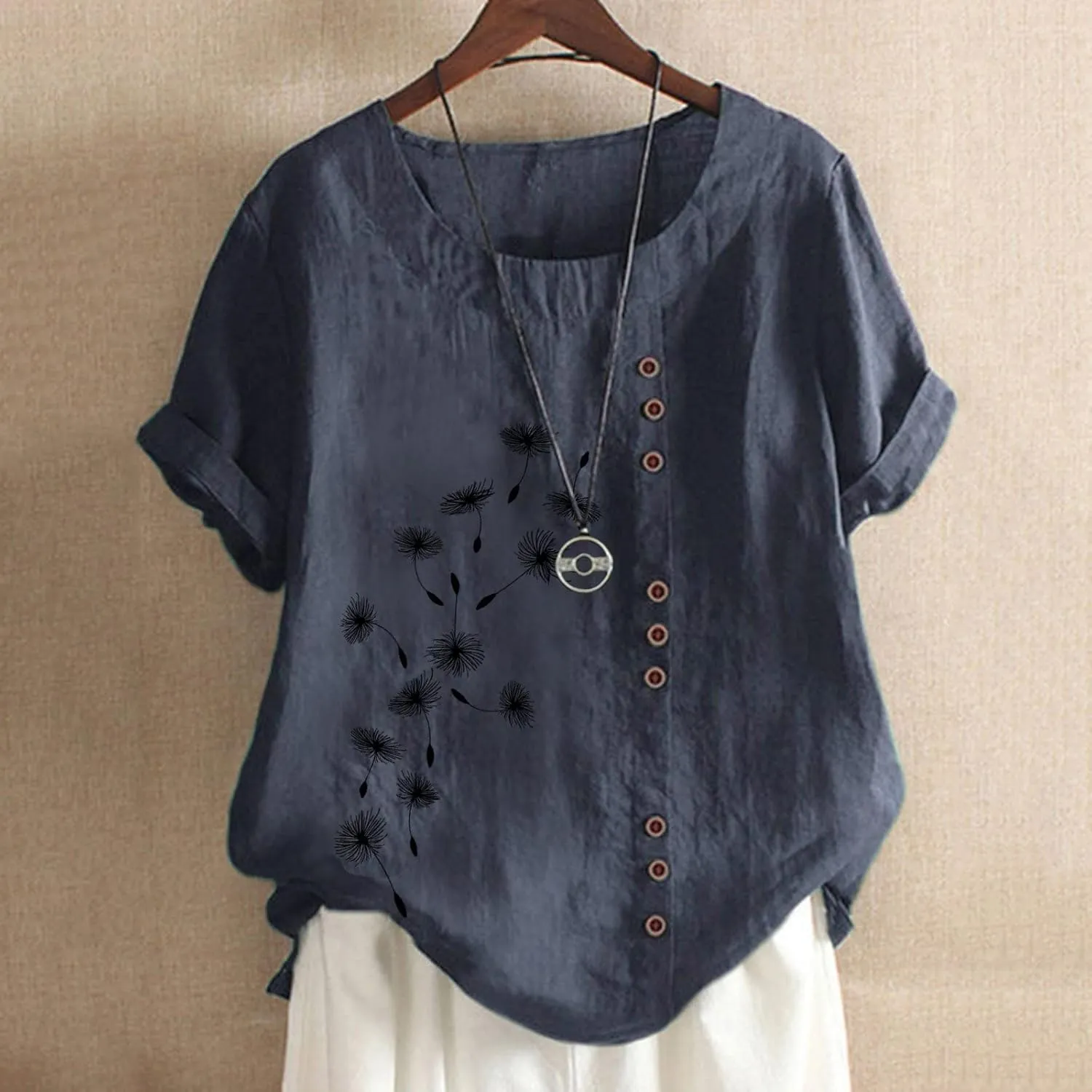 Short Sleeve Casual Shirts for Women Flower Print Button Crew Neck Cotton Linen Top 2023 Fashion Office Work Blouse