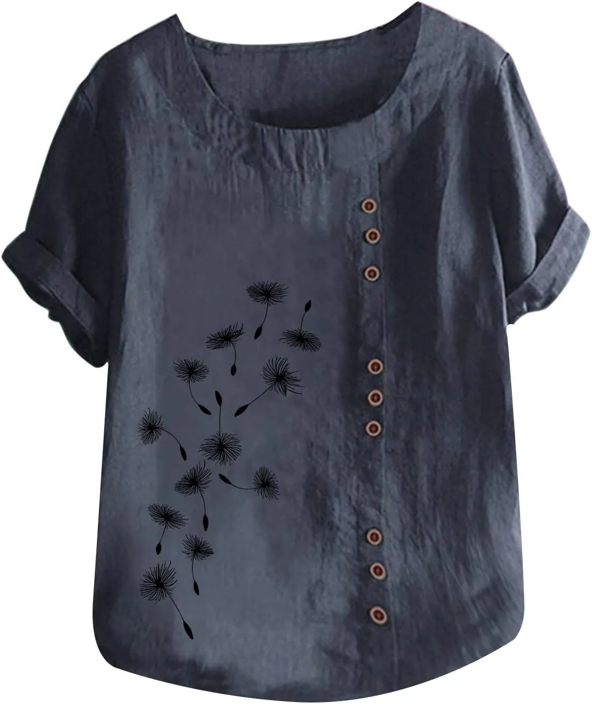 Short Sleeve Casual Shirts for Women Flower Print Button Crew Neck Cotton Linen Top 2023 Fashion Office Work Blouse
