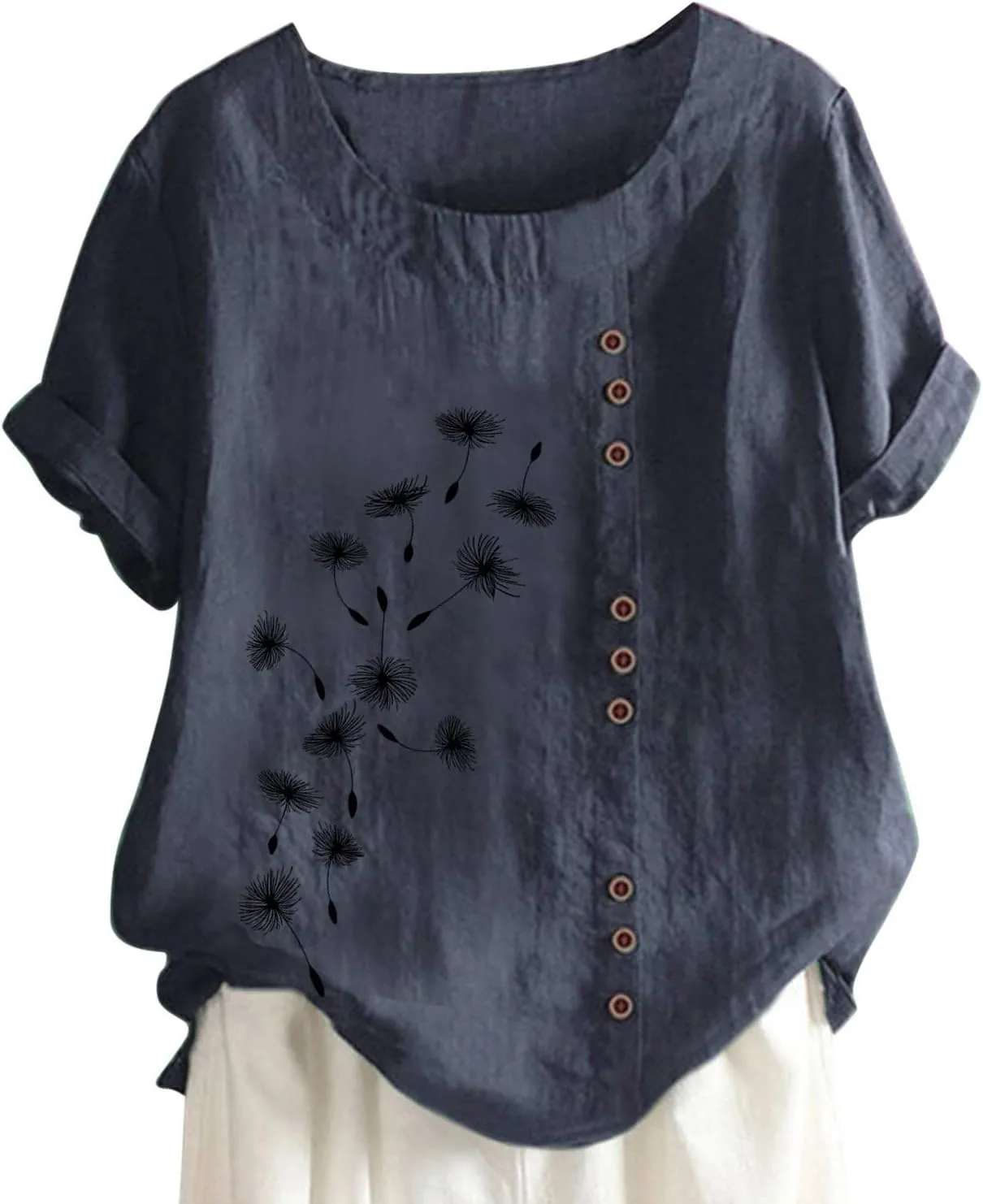 Short Sleeve Casual Shirts for Women Flower Print Button Crew Neck Cotton Linen Top 2023 Fashion Office Work Blouse